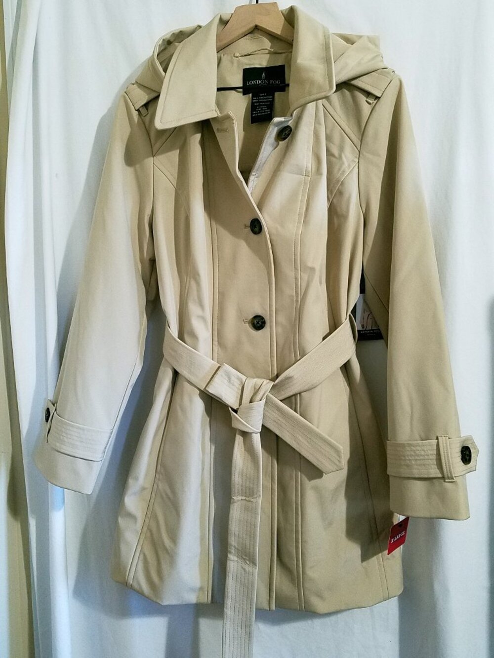 London Fog Stone Khaki Trench Coat Removable Hood XL NWT